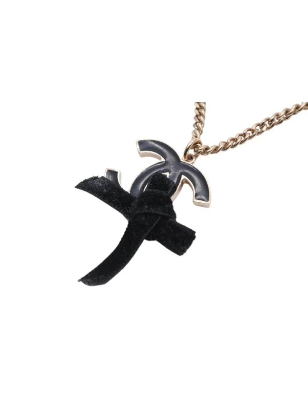 Chanel CC Logo Ribbon Necklace Metal Black Gold